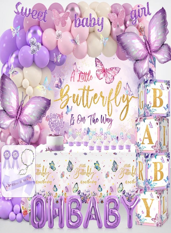 Fantspati Butterfly Baby Shower Decorations, Baby Girl Shower Decorations A Little Butterfly Is On The Way Backdrop Sash Tablecloth Cake Toppers Stickers Pink Purple Balloons Baby Boxes Baby Shower Girl Decor - Image 1
